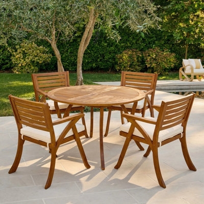 Round Wood Patio Dining Set: Slatted Table, Beige Cushions.