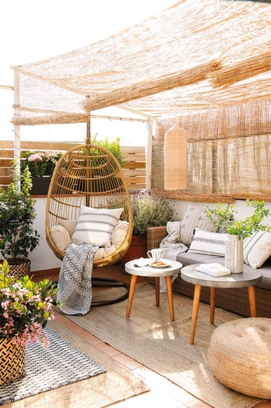 Round Wood Patio Table Set Woven Rattan Chairs Bohemian Style