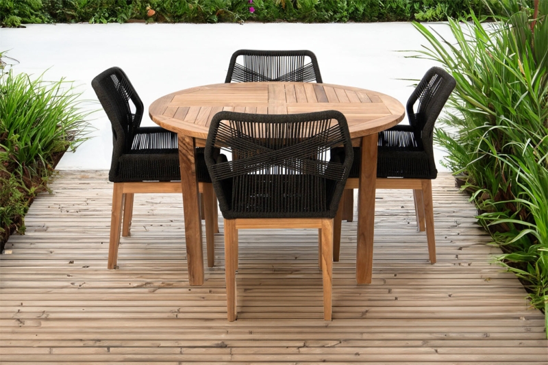 Round Wooden Outdoor Table with Seating and Rope Wrapped Frames