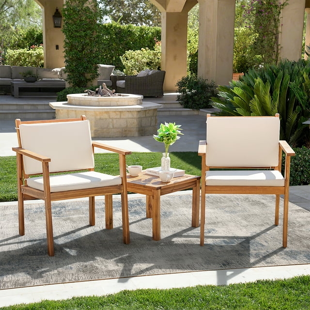 Rustic Acacia Wood Patio Chairs 3-Piece Set Beige Cushions