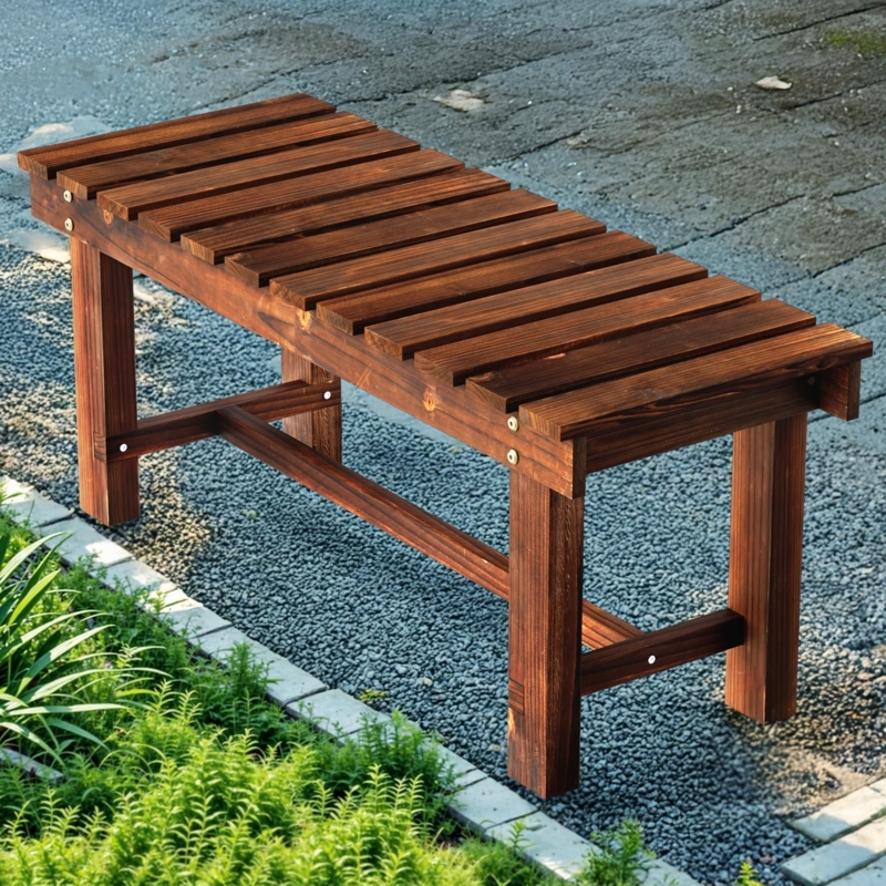 Rustic Backless Garden Bench. Carbonized brown finish, wood slatted top.