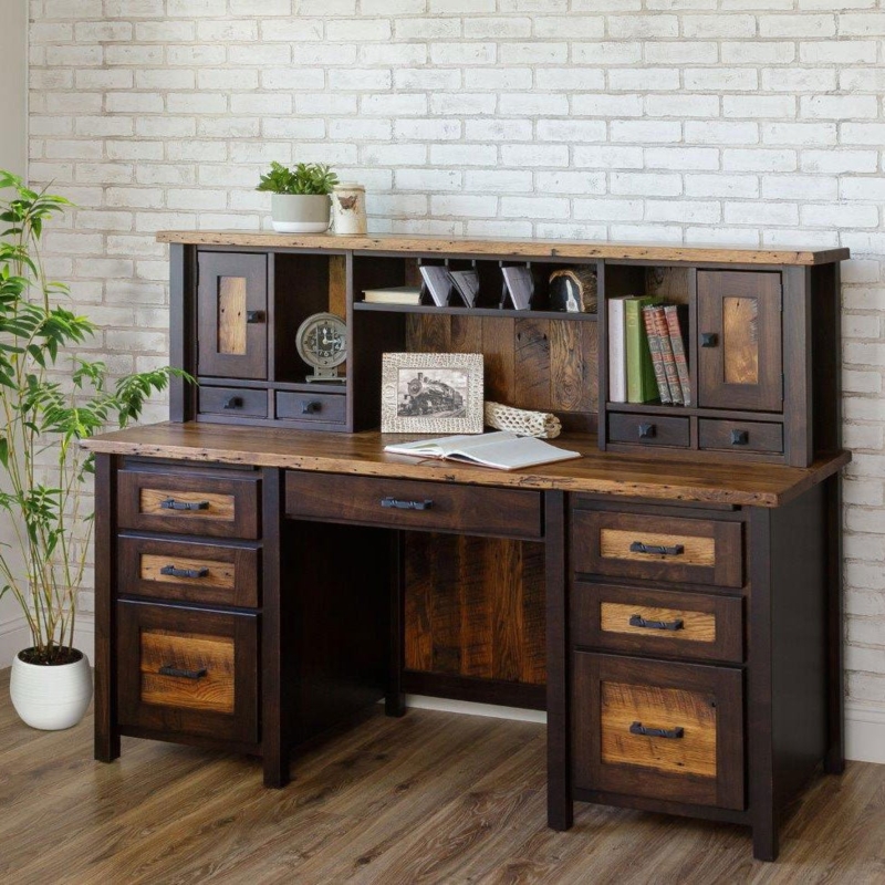 Rustic Barnwood Hutch Desk, Double Pedestal with Metal Pulls
