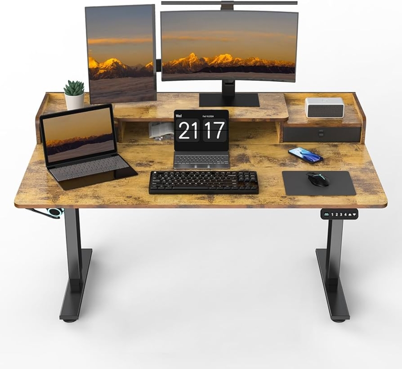 Rustic Brown Electric Standing Desk with Dual Drawers