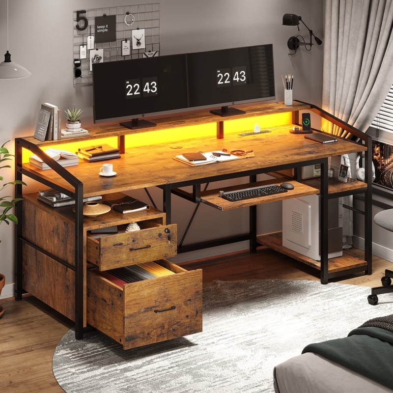 Rustic Brown Gaming Desk with Monitor Riser and Purple LED Accent