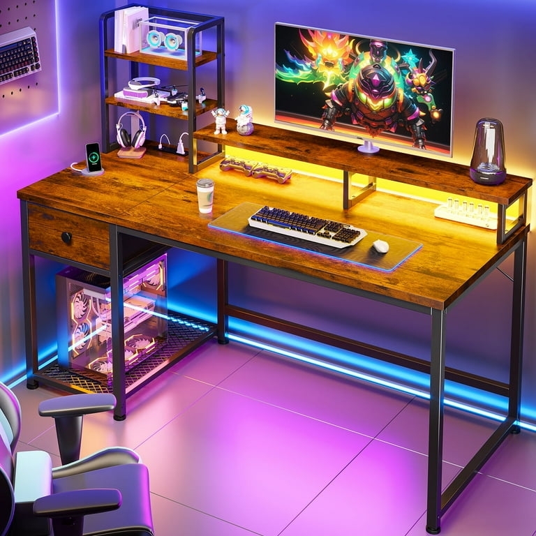Rustic Brown Gaming Desk with Monitor Stand and Open Shelving