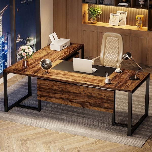Rustic Brown L Shaped Desk With Black Metal Frame