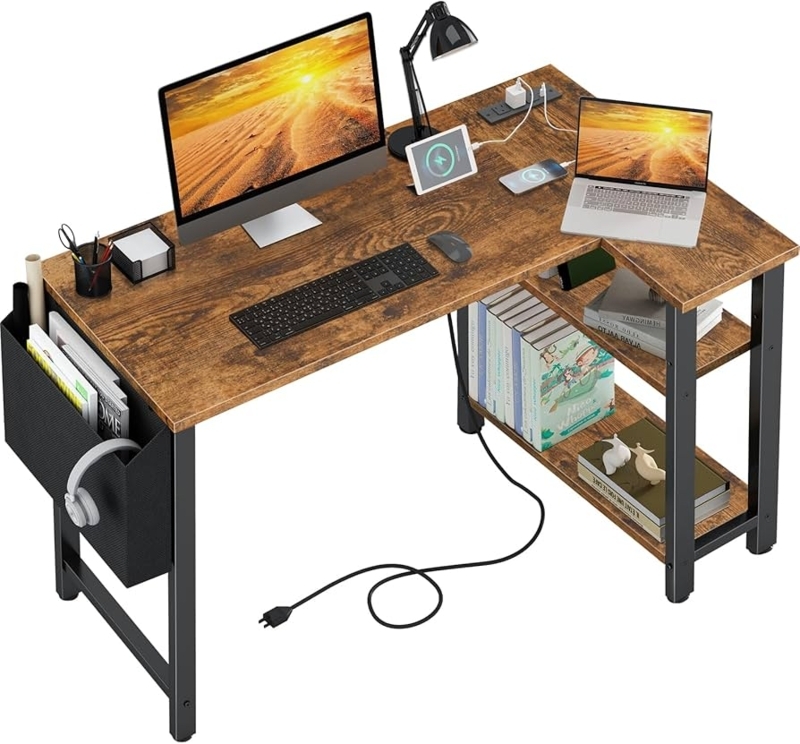 Rustic Brown L-Shaped Desk with Integrated Power Outlet and Shelving