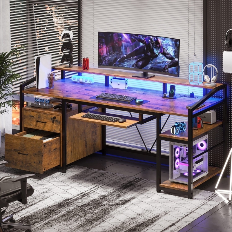 Rustic Brown L-Shaped Gaming Desk with LED and Monitor Riser