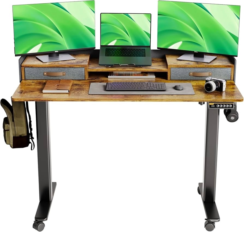 Rustic Brown Standing Desk with Monitor Riser and Dual Drawers