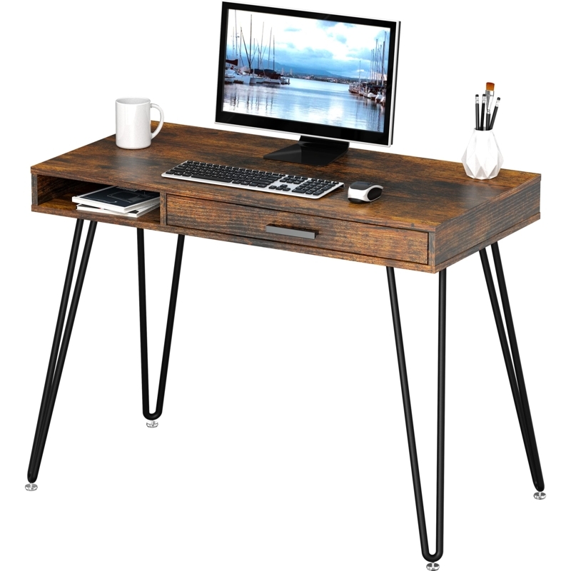 Rustic Brown Writing Desk, Central Drawer, Hairpin Legs