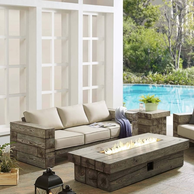 Rustic Coastal Weathered Wood Set with Fire Pit Table