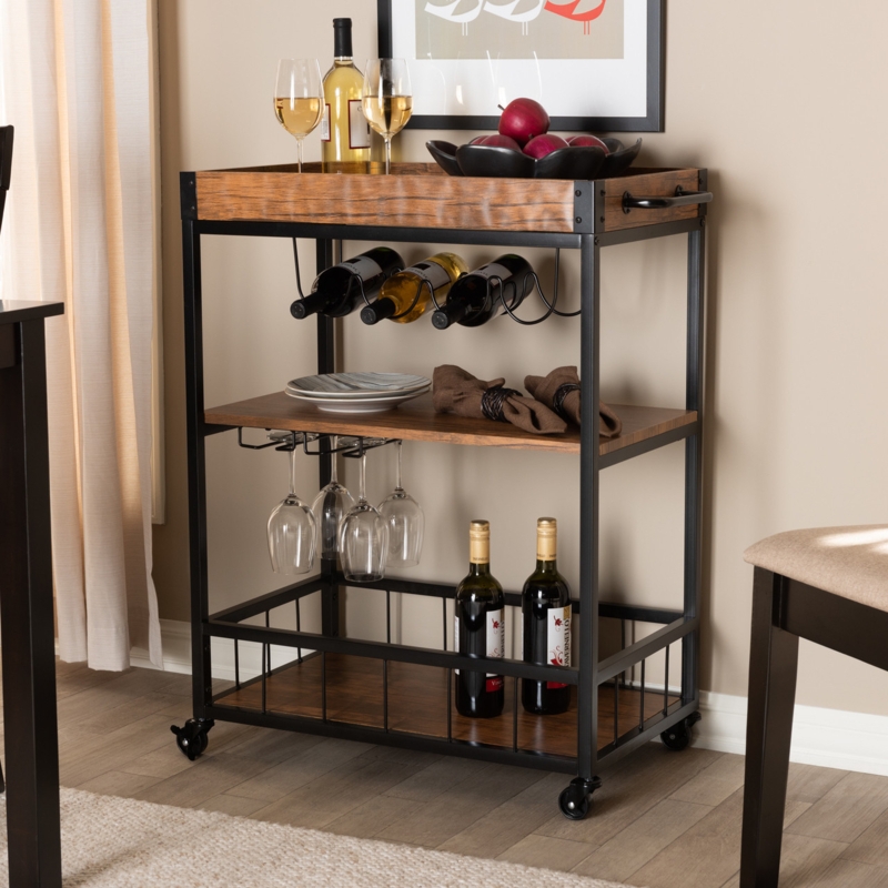 Rustic Industrial Bar Cart Oak Brown Wood Metal Integrated Wine Rack
