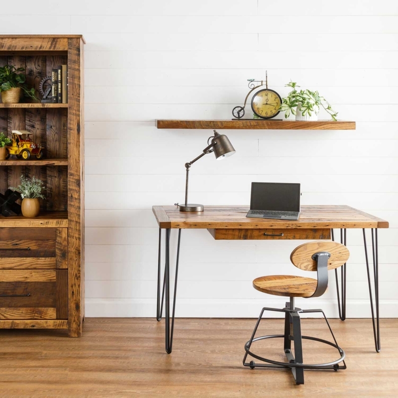 Rustic Industrial Writing Desk, Distressed Wood, Three Drawers