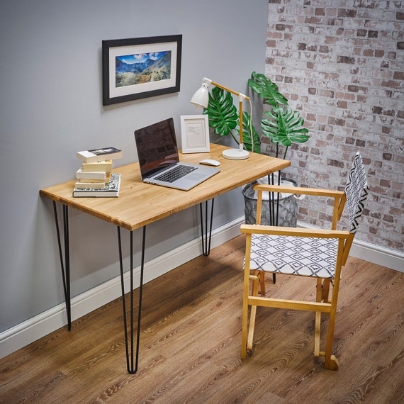 Rustic Industrial Writing Desk, Thick Plank Top, Hairpin Legs