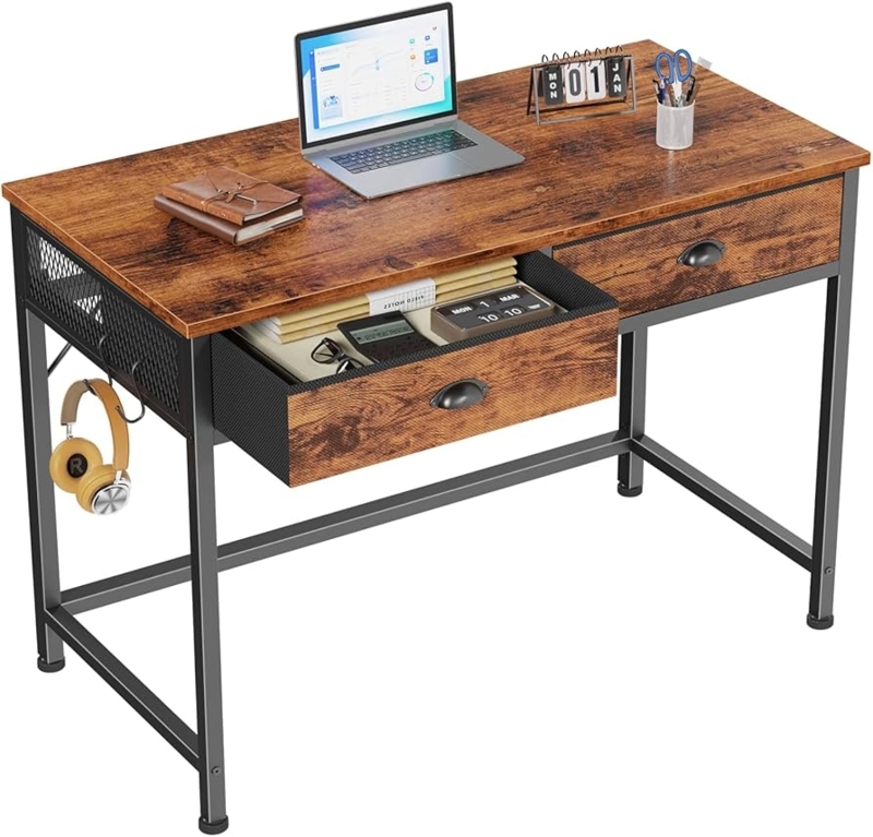 Rustic Industrial Writing Desk with Side Hooks and Grey Fabric Drawers