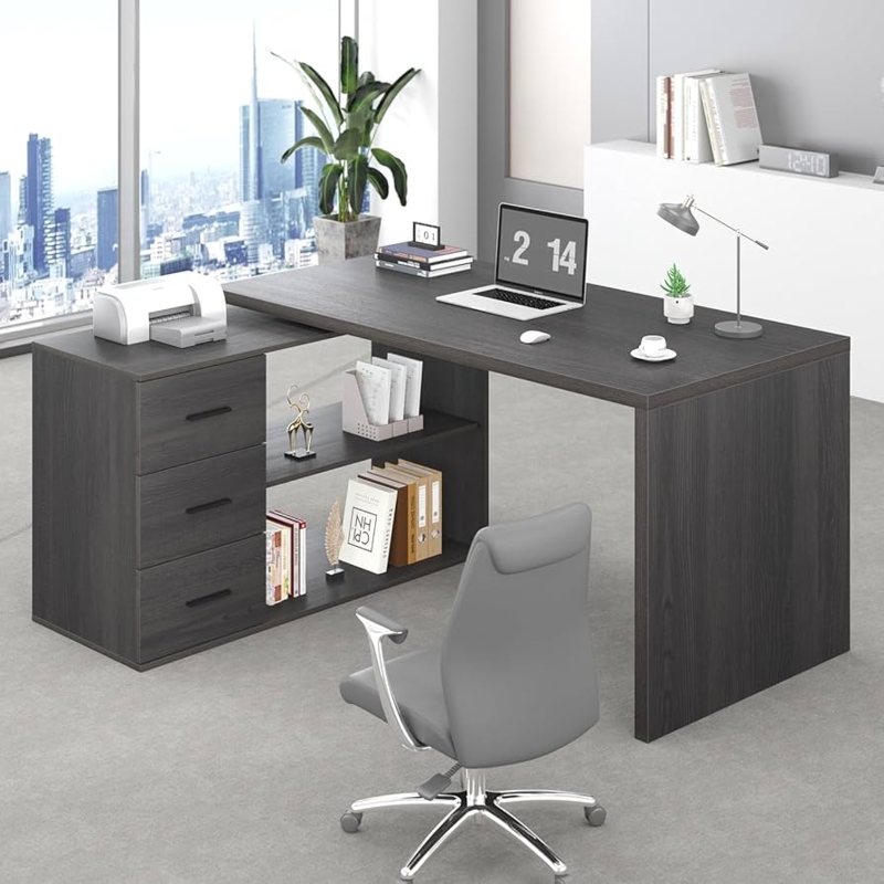 Rustic L-Shaped Desk Weathered Gray Finish Metal Legs Storage