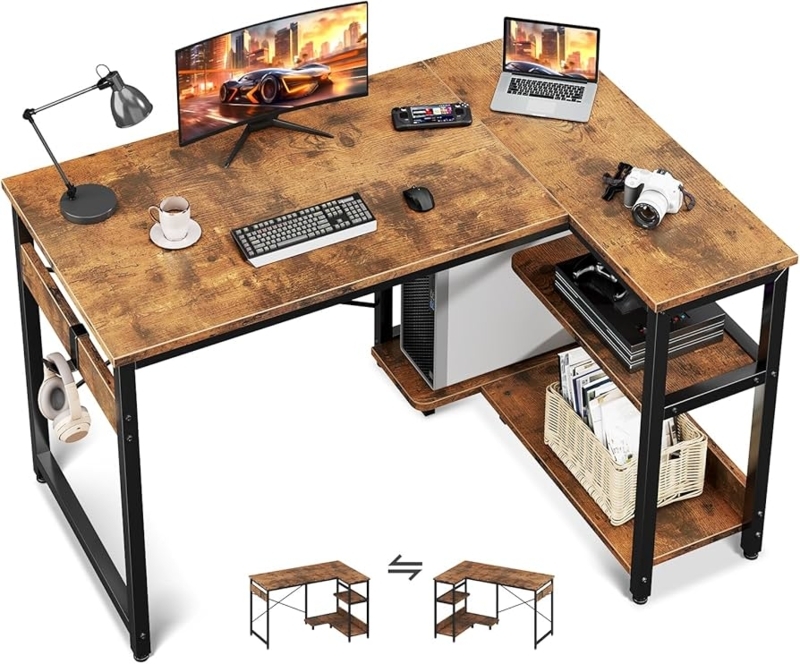 Rustic L-Shaped Desk with Mobile PC Stand and Integrated Shelving