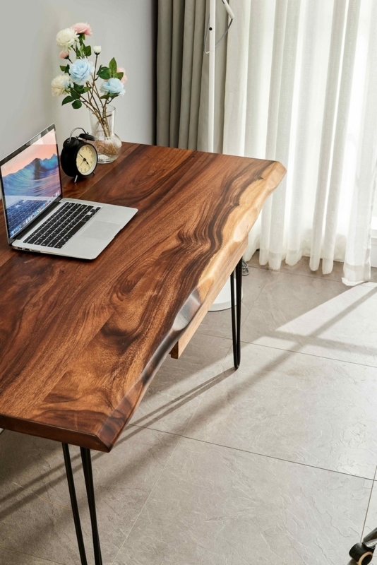 Rustic Live Edge Desk, Medium Brown Slab Top, Hairpin Legs