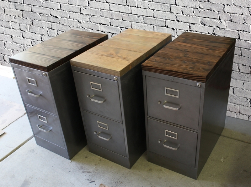 Rustic Office Storage with Wood Top, Distressed Gray Metal Cabinet