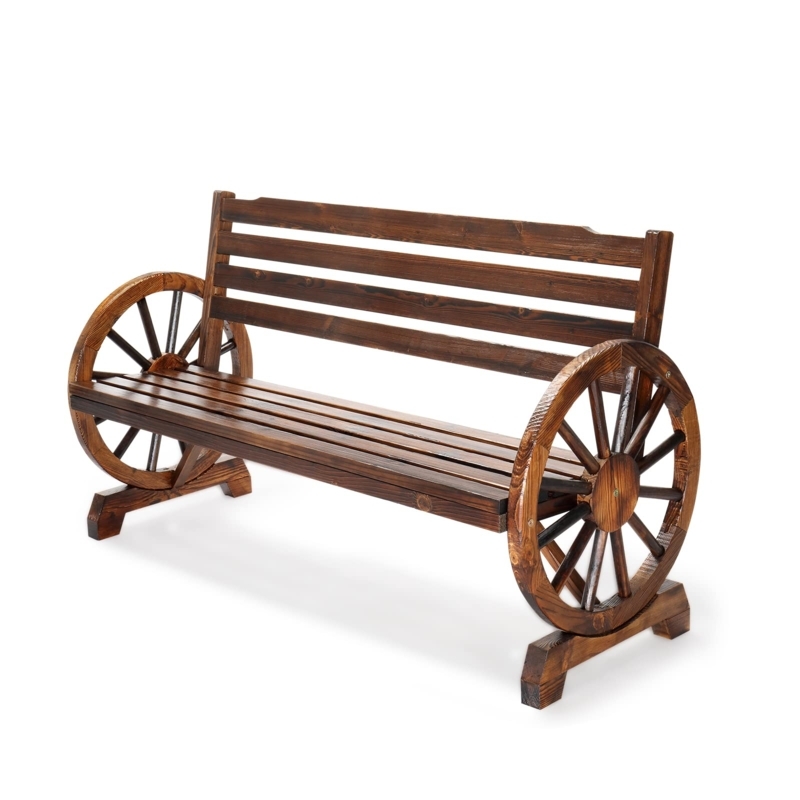 Rustic Outdoor Bench, Wagon Wheel Armrests & Distressed Wood Finish