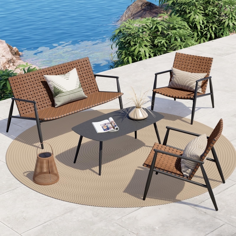 Rustic Outdoor Conversation Set Vintage Brown Woven Leather Look