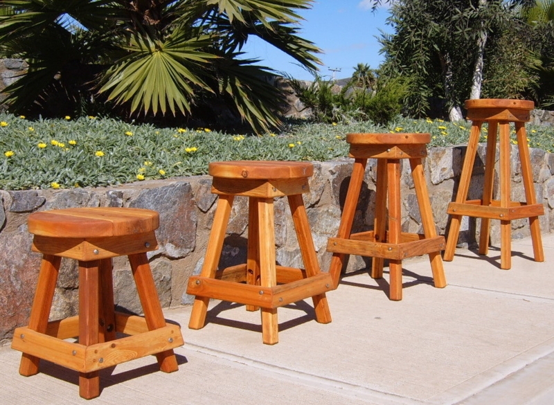 Rustic Redwood Bar Stool Seating, Backless Silhouette, Natural Grain