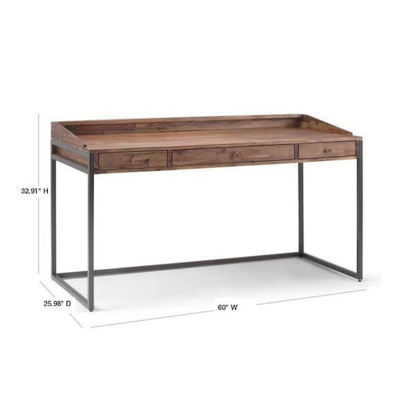 Rustic Wood Desk Thick Block Top Sled Legs Two Drawers Aged Brown