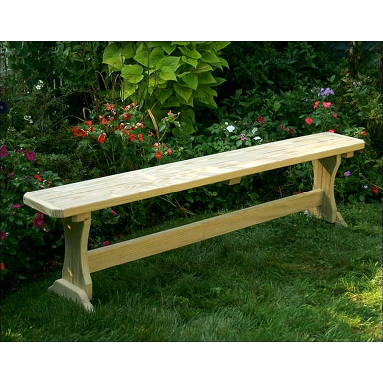 Rustic Wooden Garden Bench with Trestle Base and Cross Bracing Design