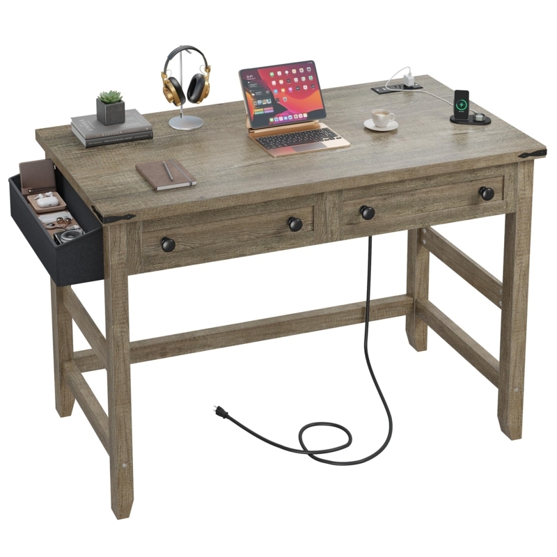 Rustic Writing Desk with Built-in Outlets and Tiered Shelves