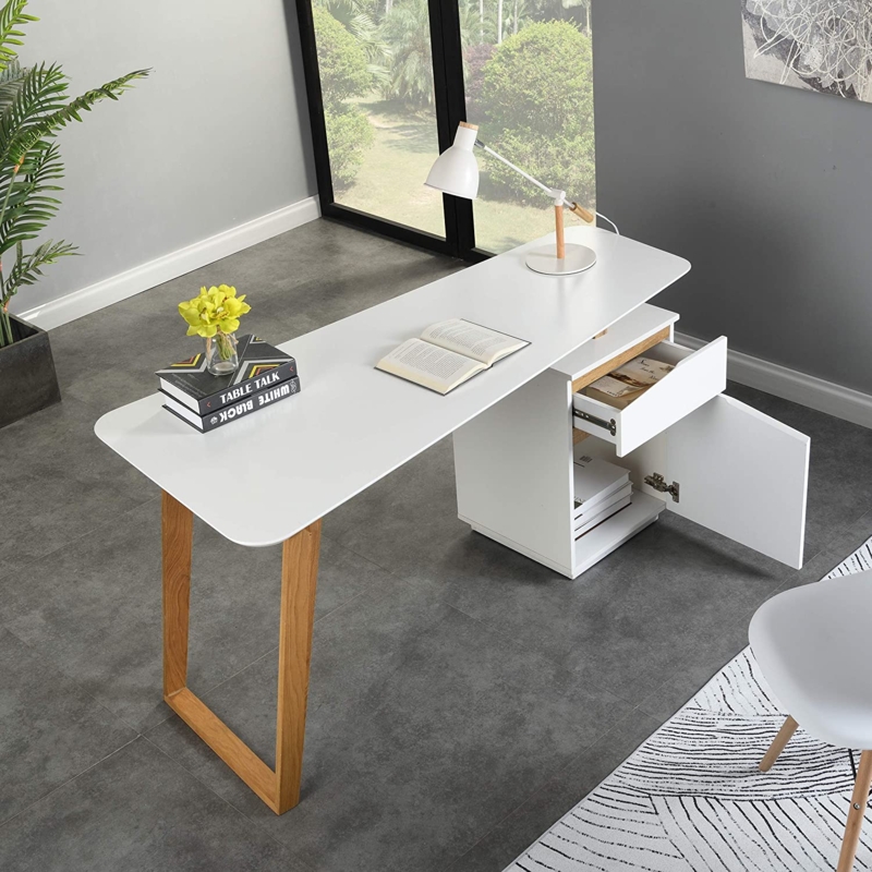 Scandinavian Desk with Integrated Cupboard and Two-Tone Wood Finish