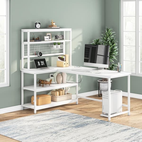 Scandinavian L-Shaped Desk with Integrated Bookshelf & Two-Tone Finish.