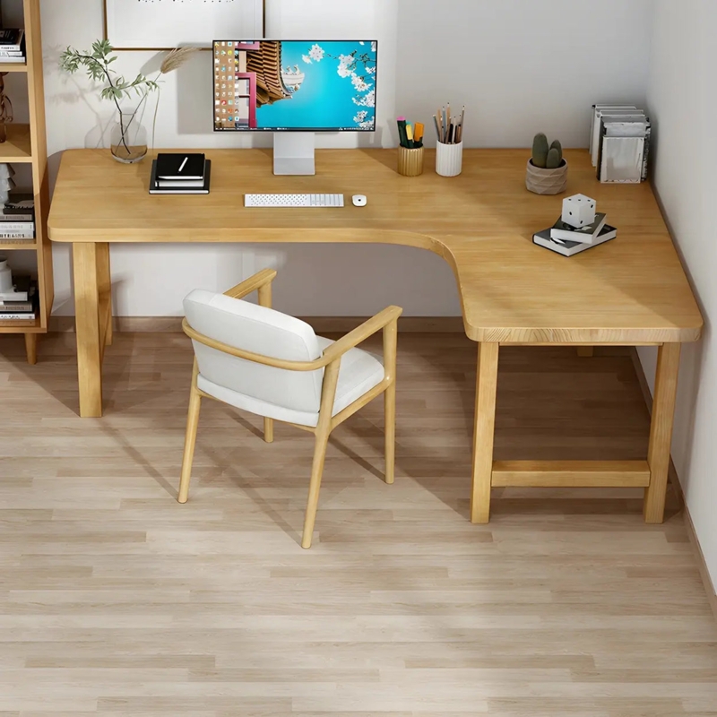 Scandinavian L-Shaped Desk with Thick H-Shaped Base and Natural Finish