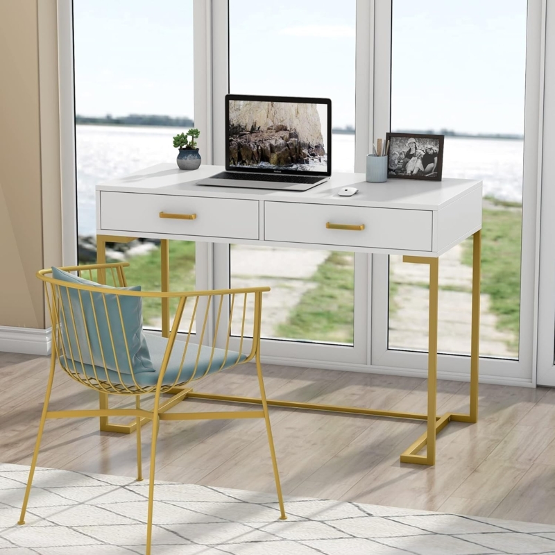 Scandinavian Style Writing Desk, Splayed Wood Legs & White Top