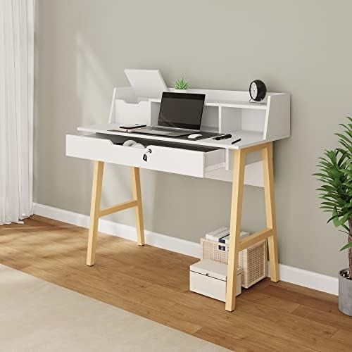 Scandinavian White Writing Desk with Hutch, Asymmetrical Base, Wood Legs.