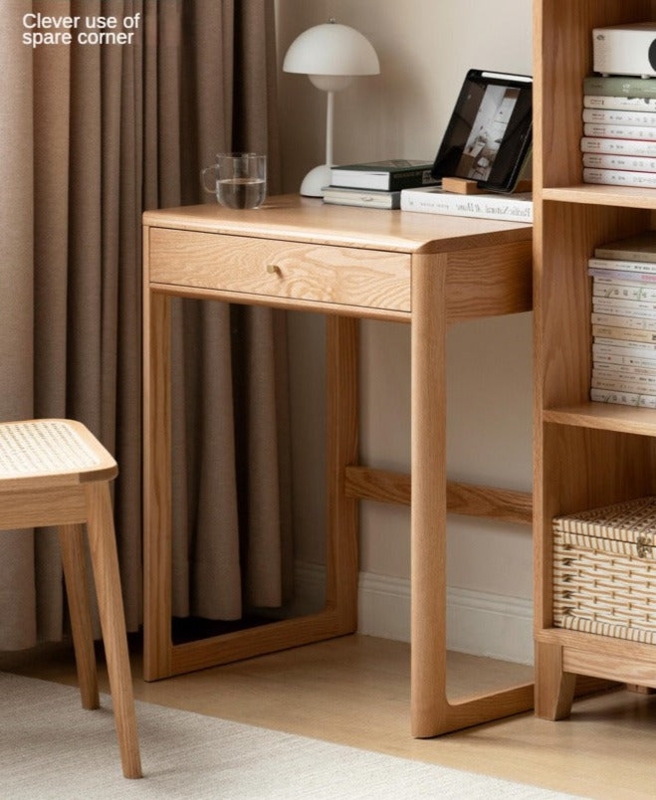 Scandinavian Writing Desk Compact Frame Recessed Drawer Pulls.