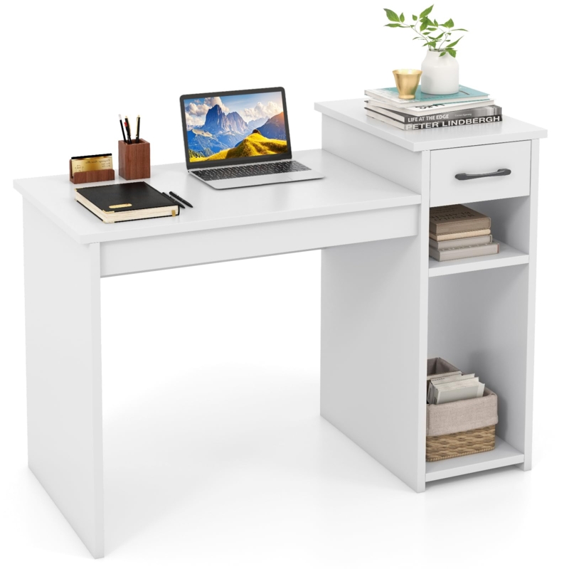 Scandinavian Writing Desk: White with Tapered Wood Legs and Storage Cubby
