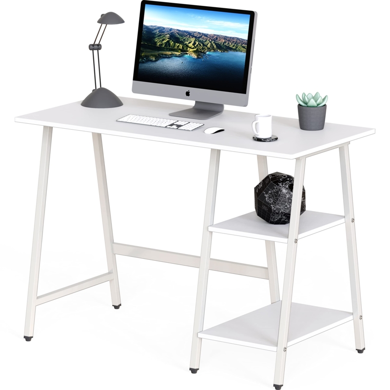 Scandinavian Writing Desk with All White Finish and Trestle Shelving