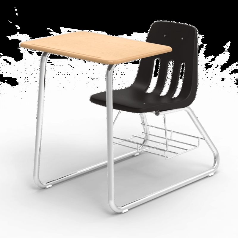 School Desk Integrated Chair Graphite and Maple Sled Base Wire Bookrack