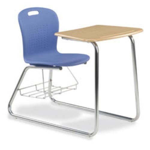 School Desk Sled Base Sage Green Wire Book Basket Tablet Arm Modern