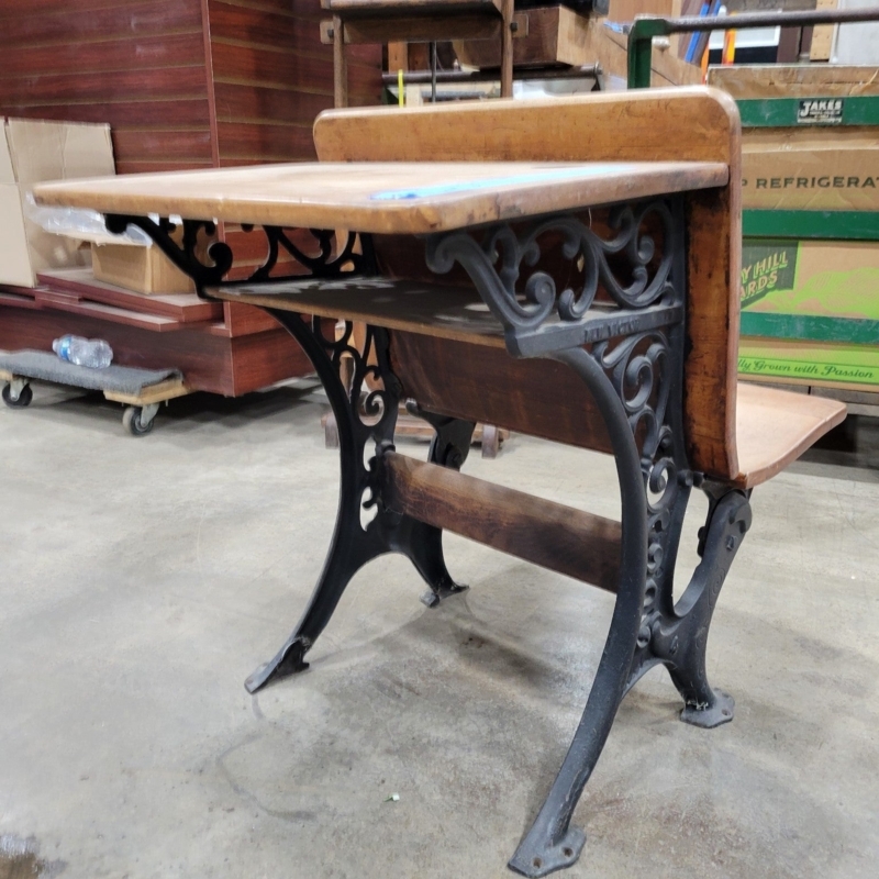 School Desk with Folding Seat Mechanism and Cast Iron Scrollwork.