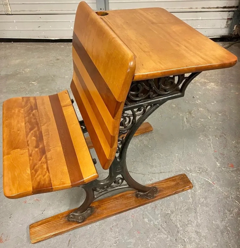 School Desk with Ornate Cast Iron Frame, Folding Seat, Refinished Wood.