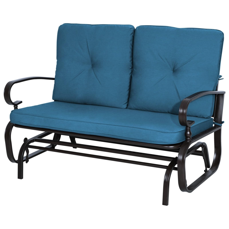 Scroll Arm Outdoor Glider Bench with Peacock Blue Cushions
