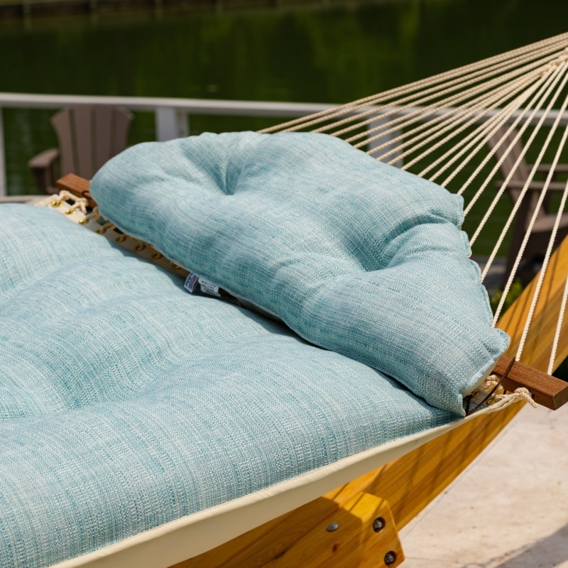 Seaglass Teal Hammock, Macrame Fringe, Tufted Cushion for Deck Ideas