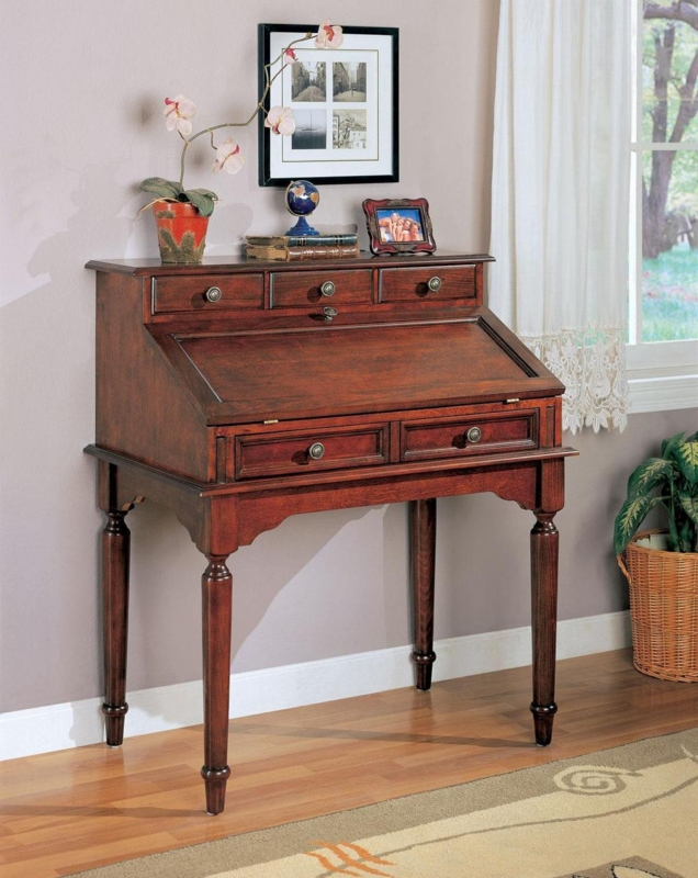 Secretary Desk Cherry Finish Ring Pulls Bracket Feet