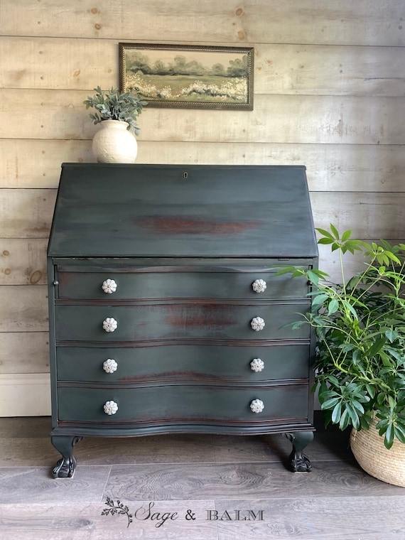Secretary Desk Drop Front Forest Green Finish Vintage Farmhouse Style