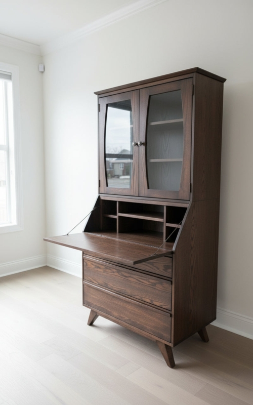 Secretary Desk Mid Century Modern Wood Hutch Top Cubbies Tapered Legs