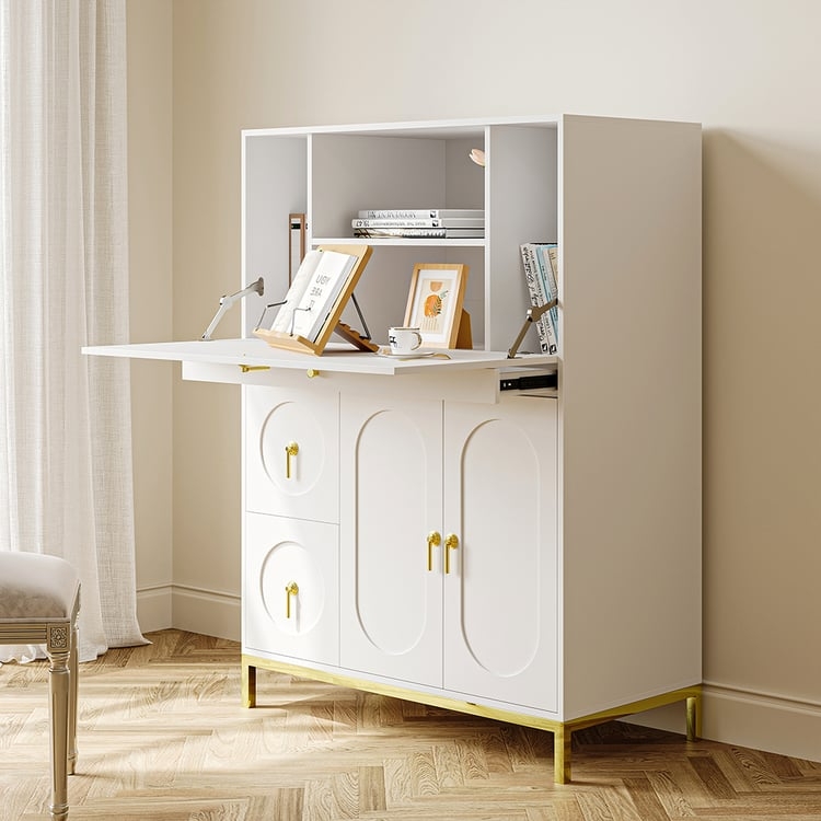 Secretary Desk Modern White Gold Accents Flip Top Glam Home Office Storage