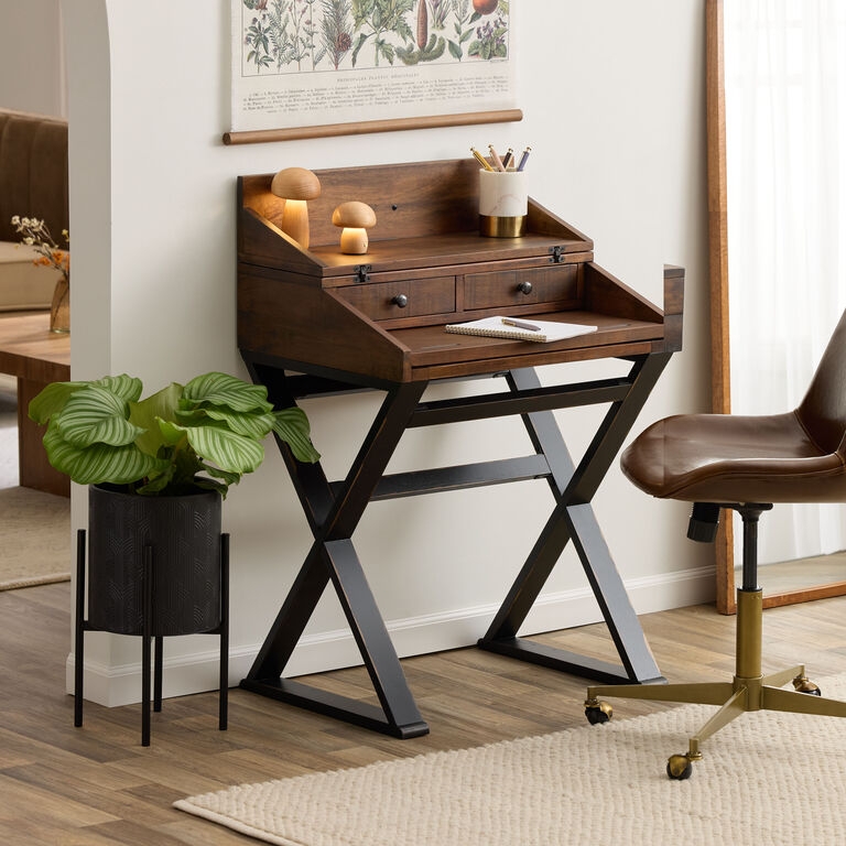 Secretary Desk Two-Tone Cognac and Black Distressed