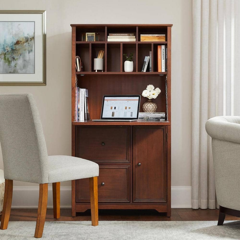Secretary Desk Walnut Brown Recessed Panels Brass Hardware