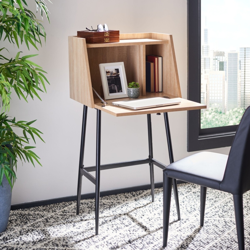 Secretary Desk with Built-In Hutch & Black Metal Base
